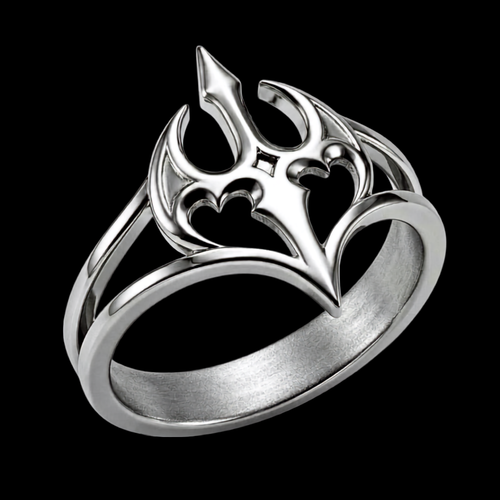 Nightshade Ring aus 316L-Edelstahl mit durchbrochenem Schwert- und Flügelmotiv und gespaltener Ringschiene