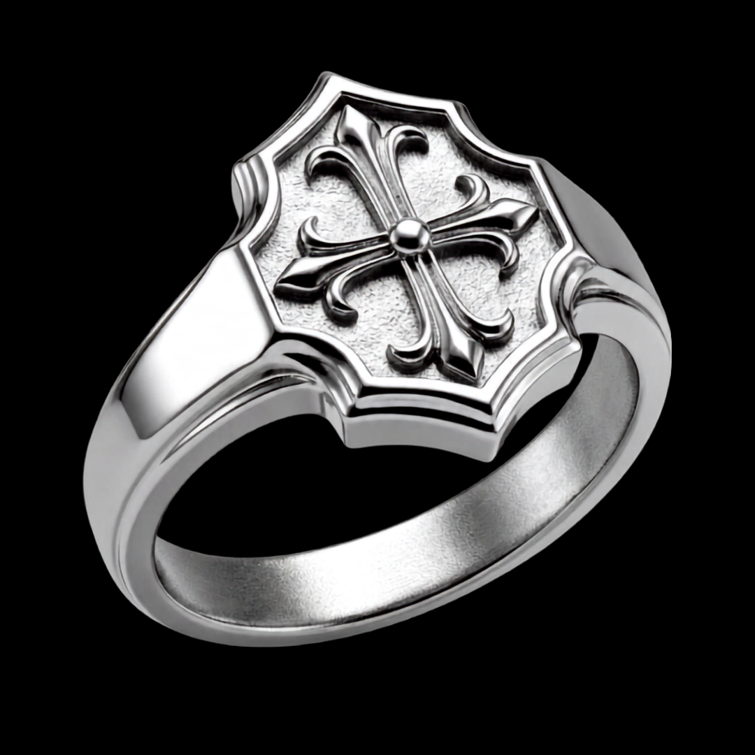 Lily Cross Ring aus 316L-Edelstahl mit Lilien-Kreuz auf der Wappenplatte