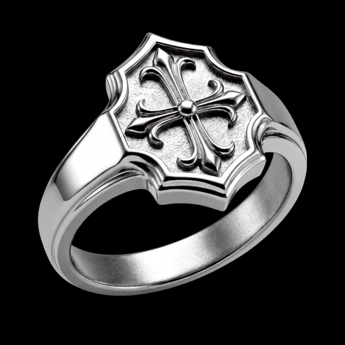 Lily Cross Ring aus 316L-Edelstahl mit Lilien-Kreuz auf der Wappenplatte
